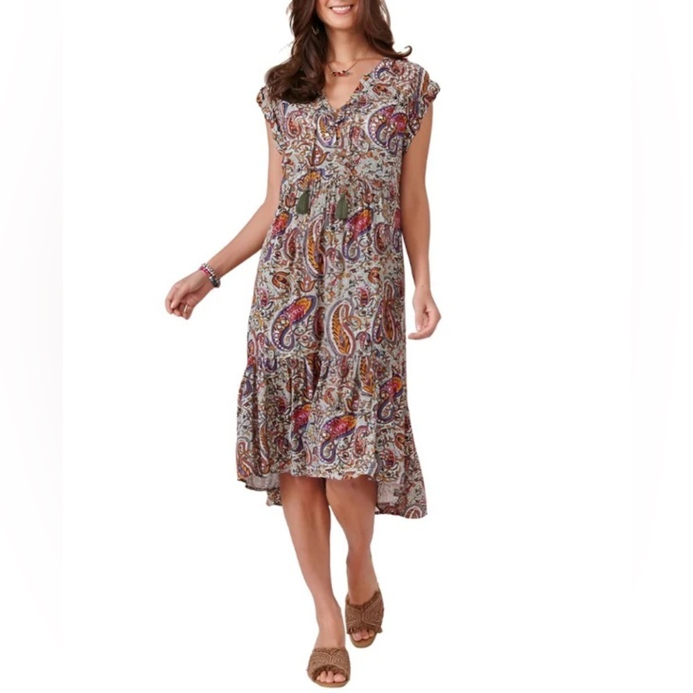 Democracy Womens XL Paisley‎ Short Sleeve High Low Dress Tassel Tie Boho Summer